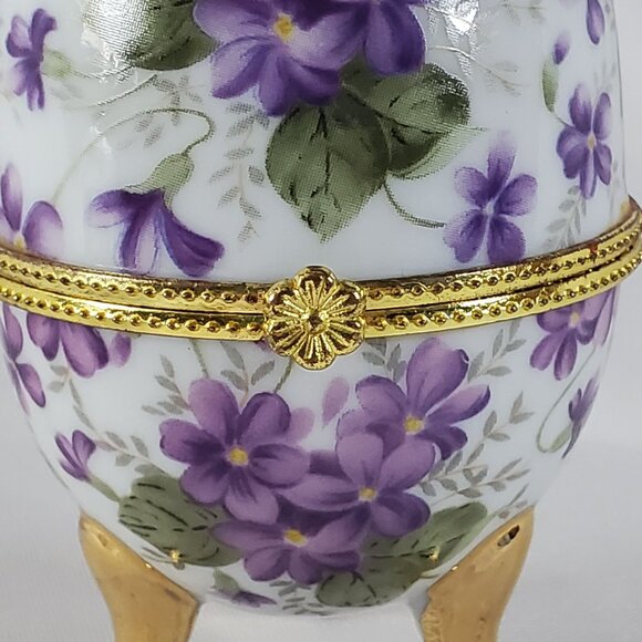 Vintage Egg Shaped Violet Floral Porcelain Trinket Box Hinged Footed Jewelry Box - Picture 2 of 12